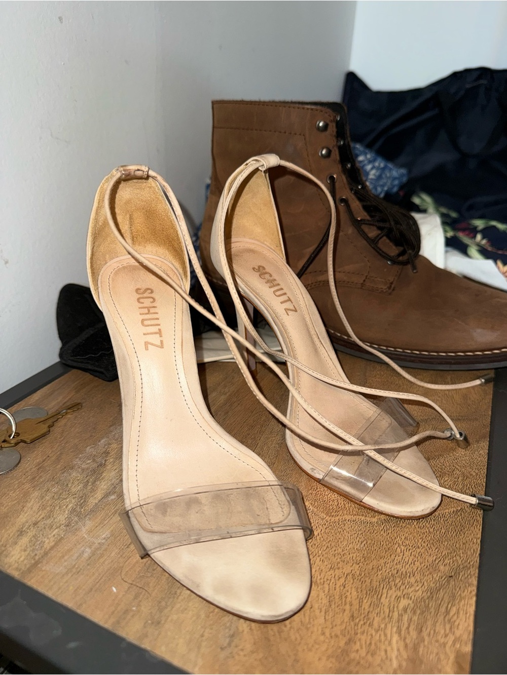 SCHUTZ Nude Clear Strap Lace-Up Heels